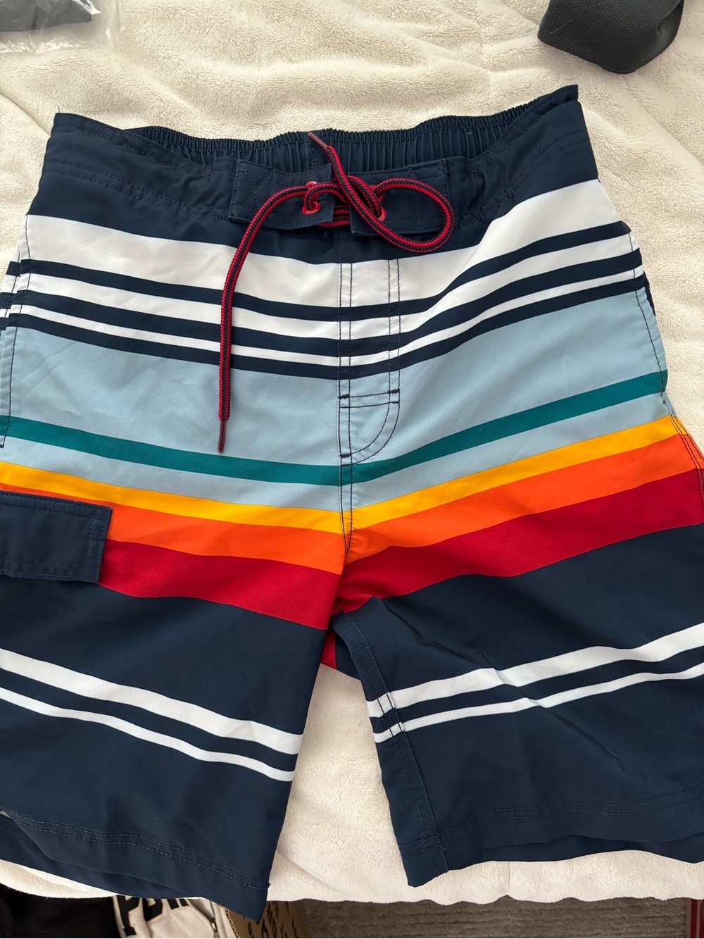 George Navy Swim Trunks with Red, Orange, Yellow and Teal Stripes